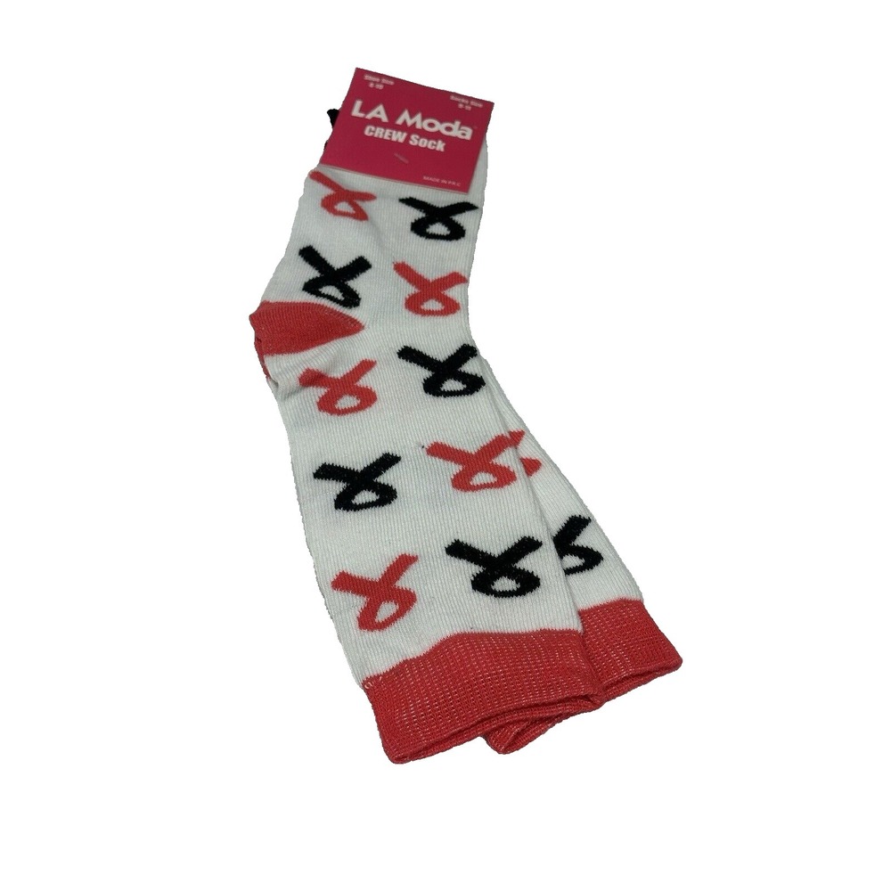 LA moda womens high crew sock shoe size 4-10 sock size‎ 9-11 pink black ribbon